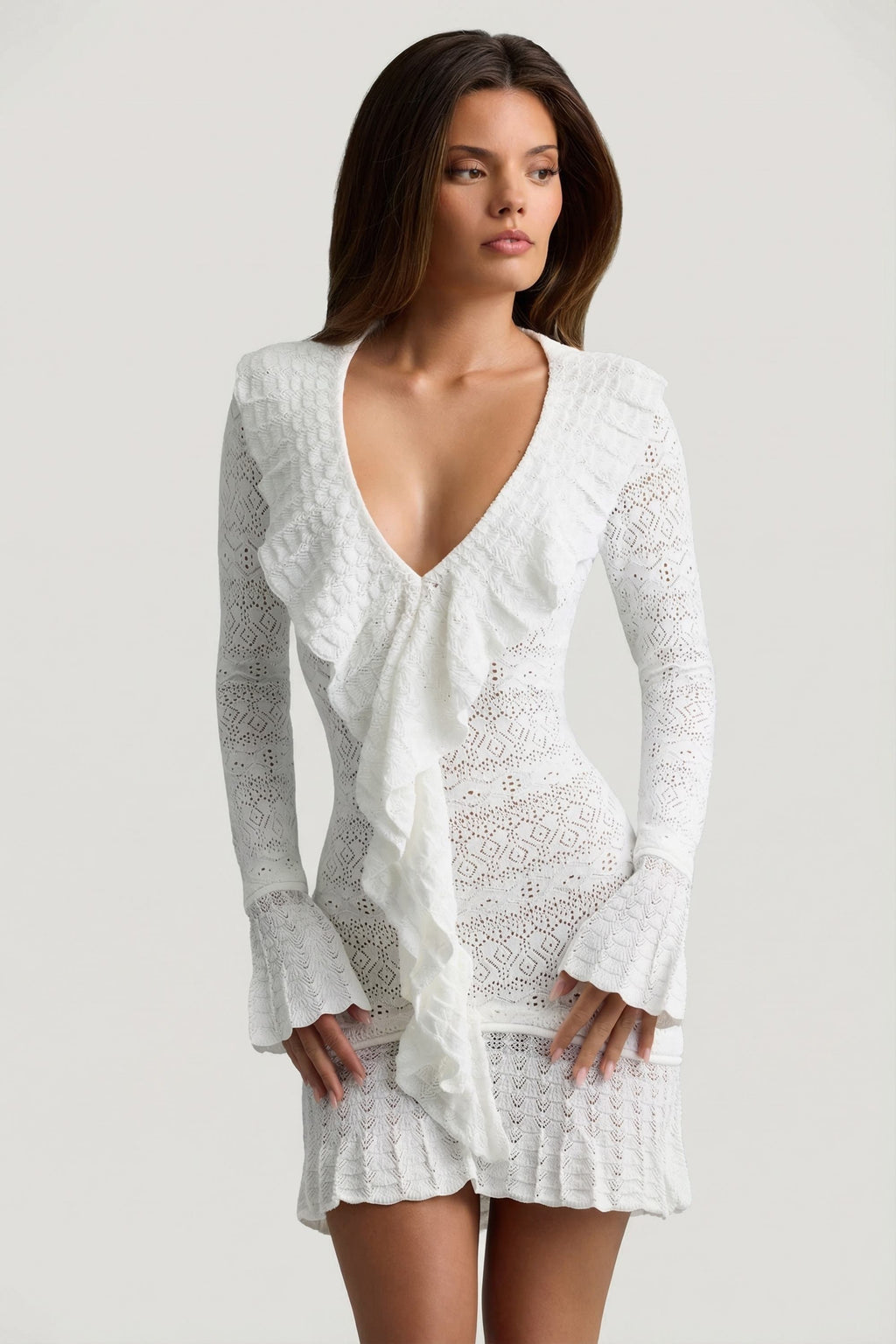 Ruffle-Trim Pointelle-Knit Mini Dress in Coconut