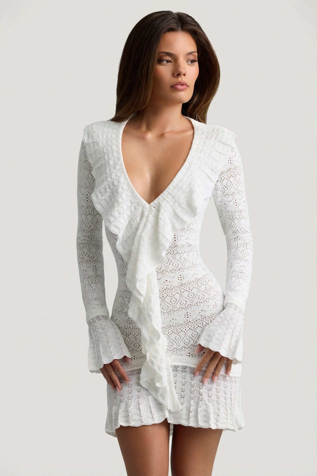 Ruffle-Trim Pointelle-Knit Mini Dress in Coconut