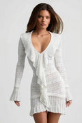 Ruffle-Trim Pointelle-Knit Mini Dress in Coconut