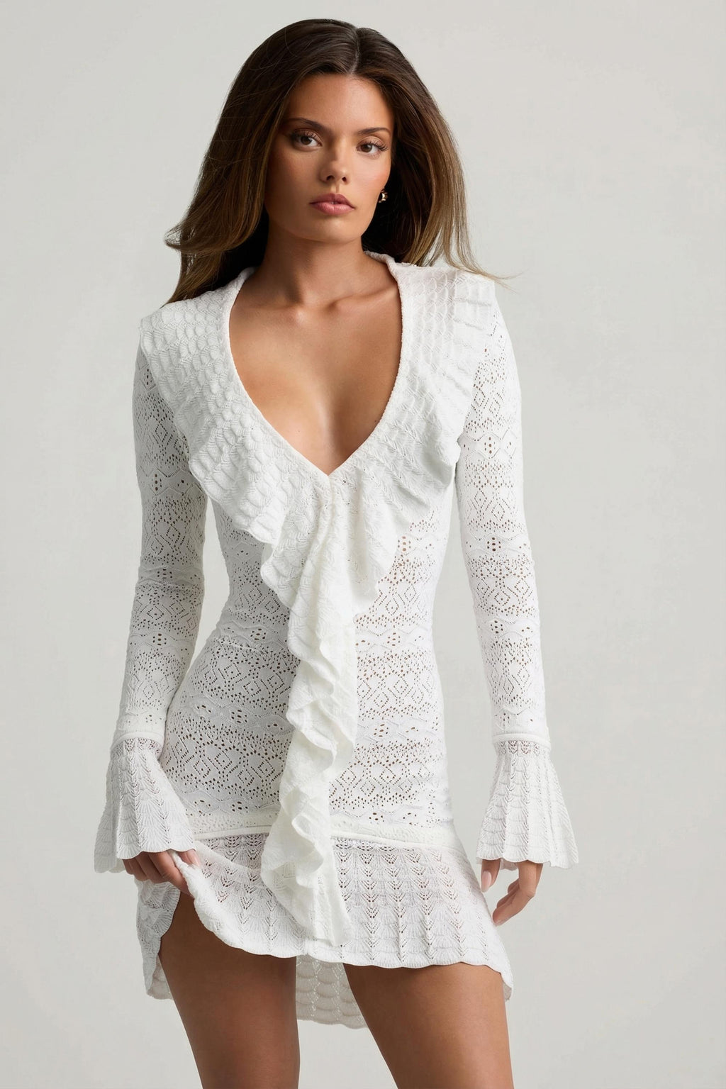 Ruffle-Trim Pointelle-Knit Mini Dress in Coconut