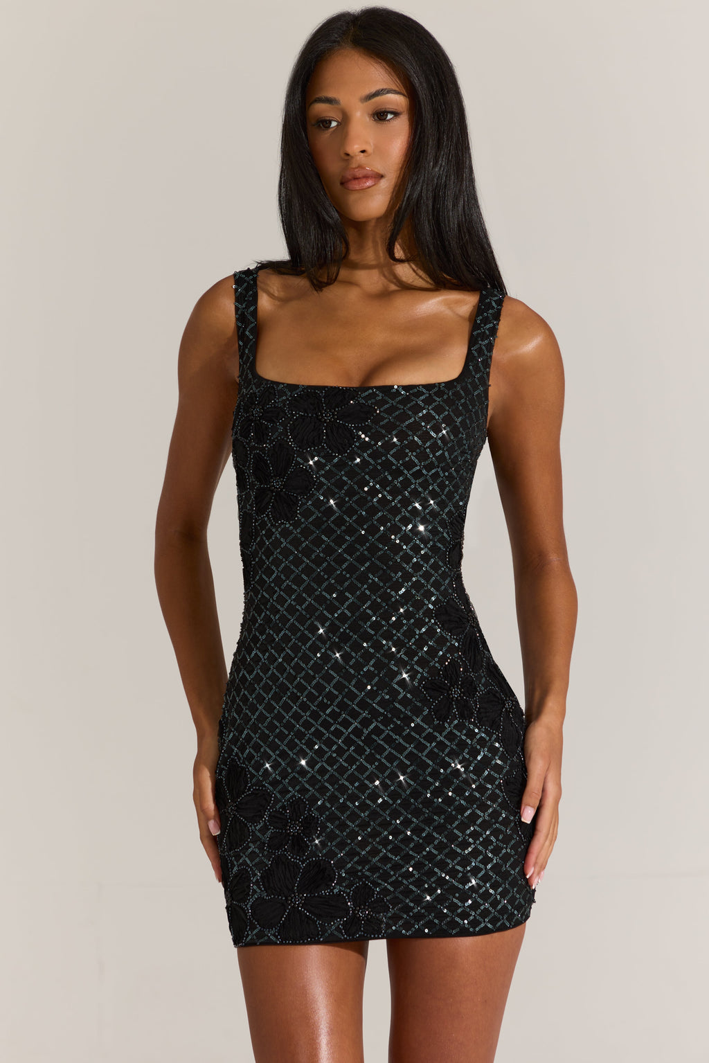 Embellished Square-Neck Mini Dress in Black