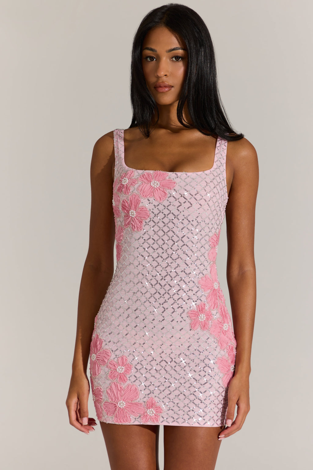 Embellished Square-Neck Mini Dress in Blossom Pink