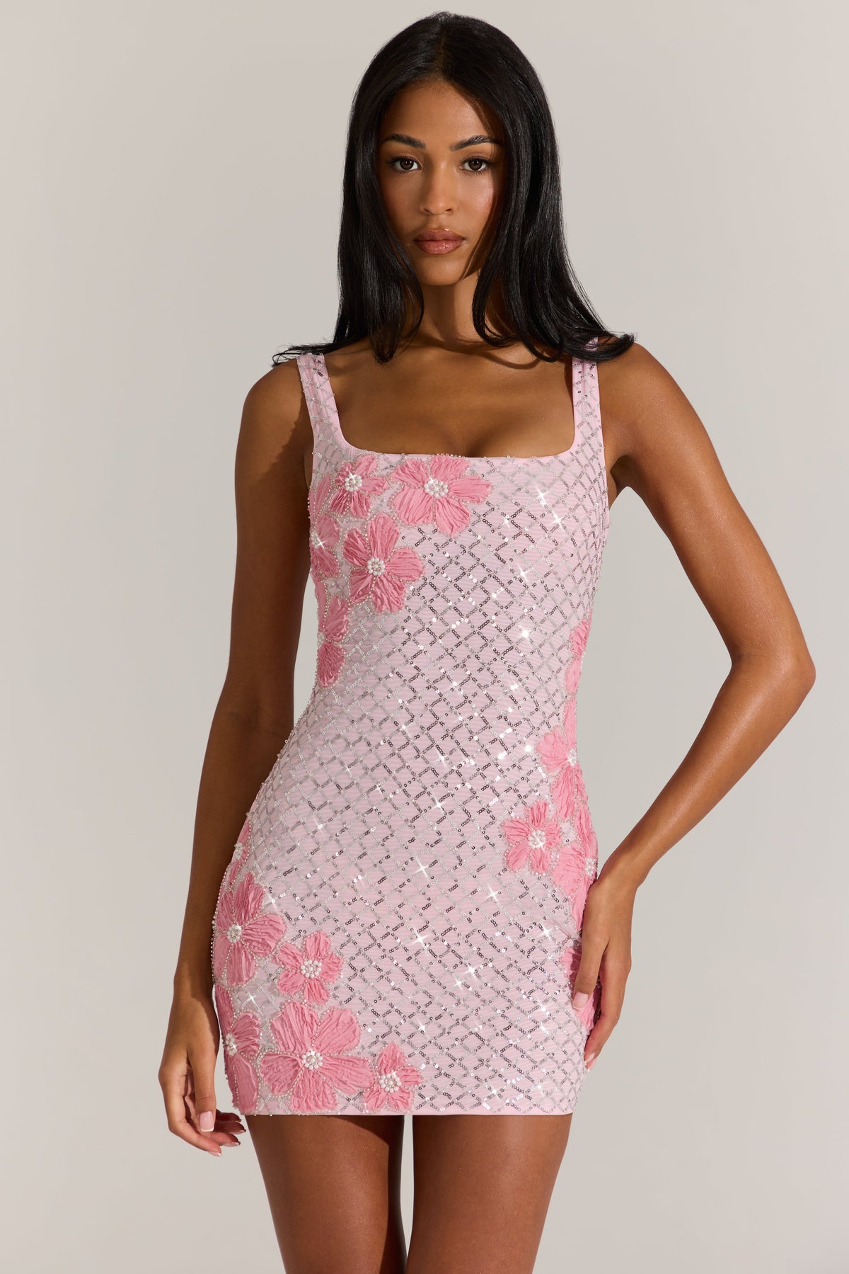 Embellished Square-Neck Mini Dress in Blossom Pink