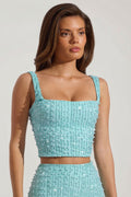 Embellished Square-Neck Crop Top in Aquamarine