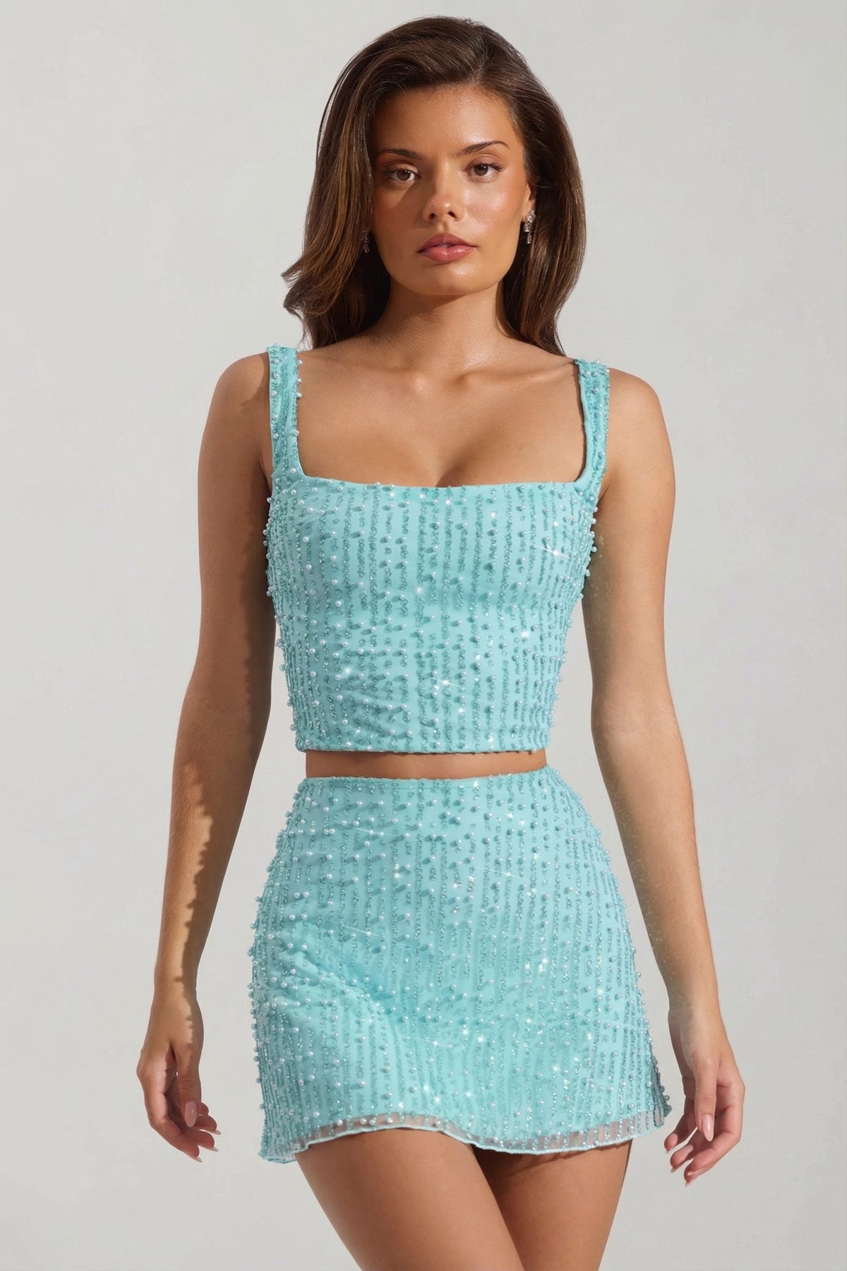 Embellished Square-Neck Crop Top in Aquamarine