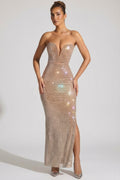 Embellished Strapless Plunge Gown in Honey