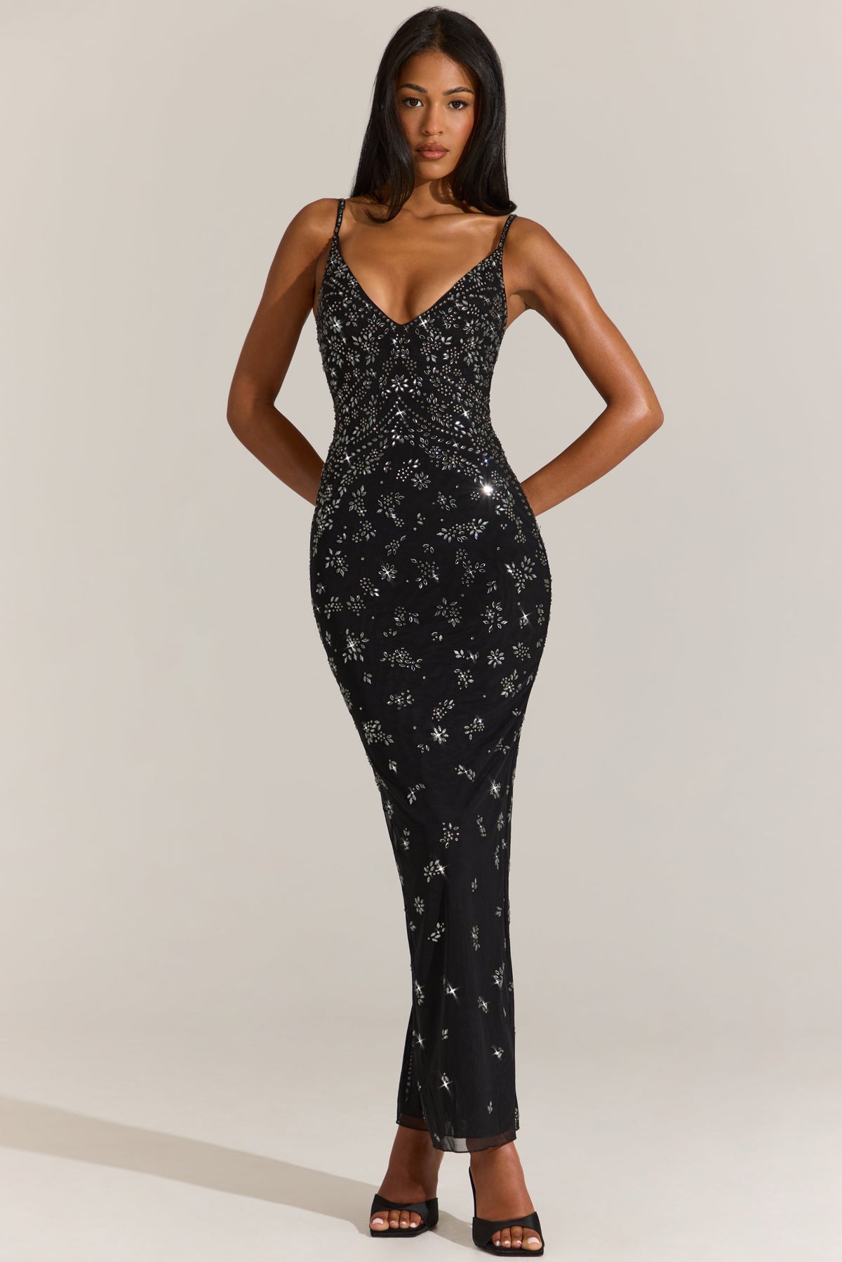 Embellished Plunge Neck Maxi Dress in Black