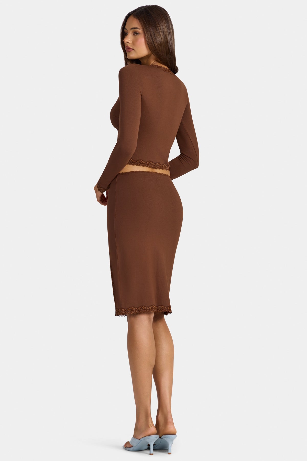 Modal Lace-Trim Low-Rise Midi Skirt in Cocoa Brown