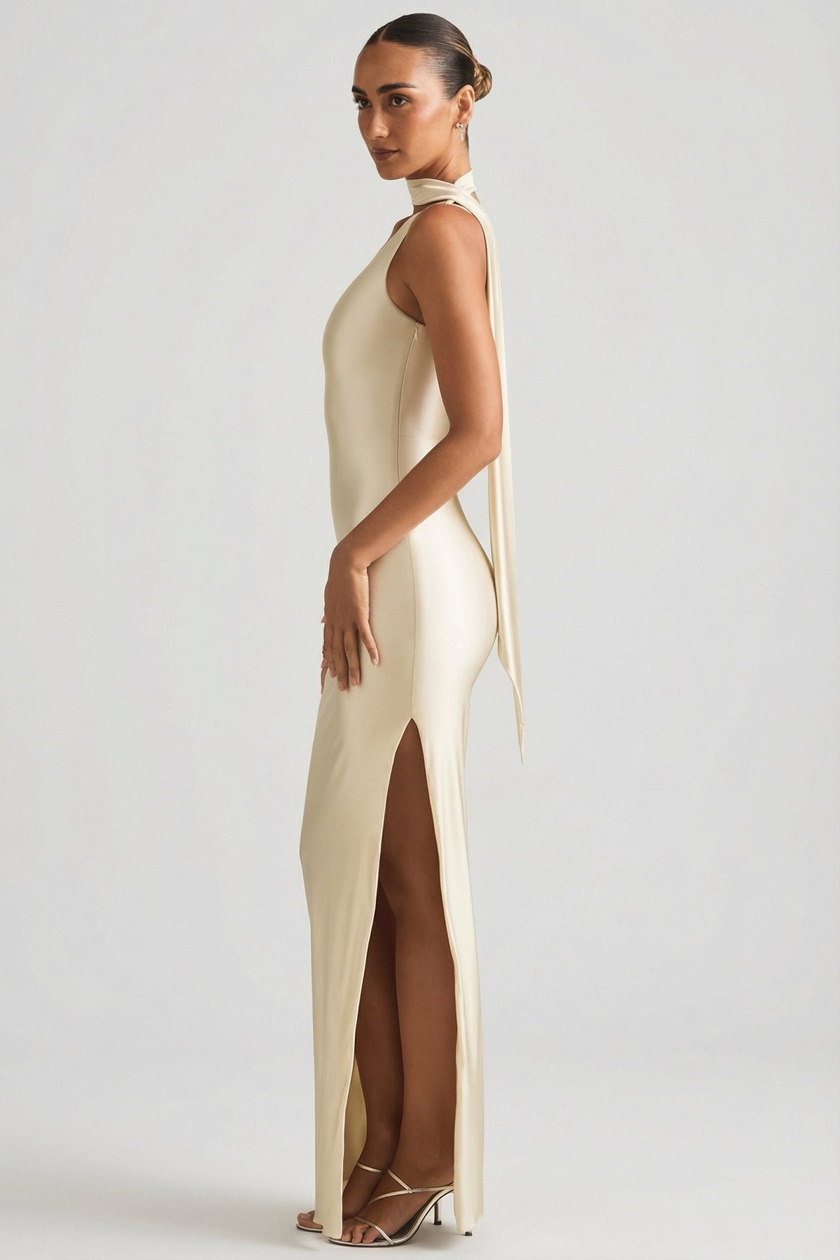 Asymmetric Scarf-Detail Maxi Dress in Pearl