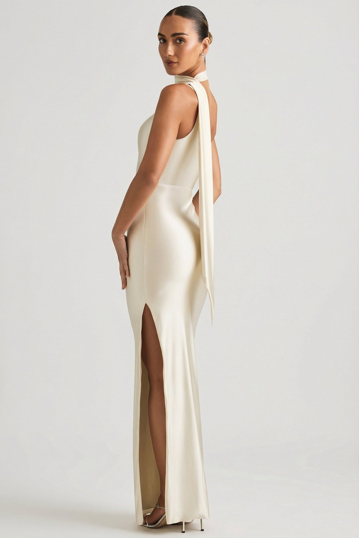 Asymmetric Scarf-Detail Maxi Dress in Pearl