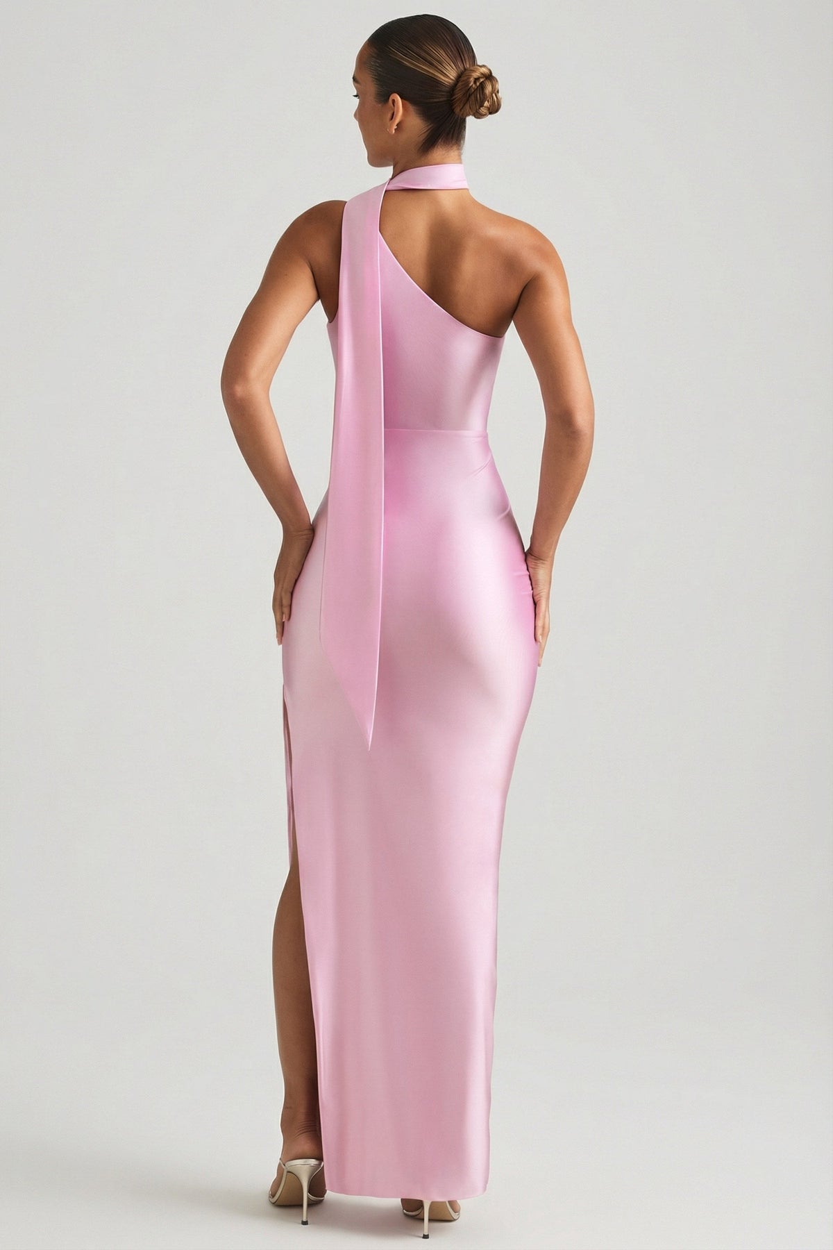 Asymmetric Scarf-Detail Maxi Dress in Candyfloss Pink