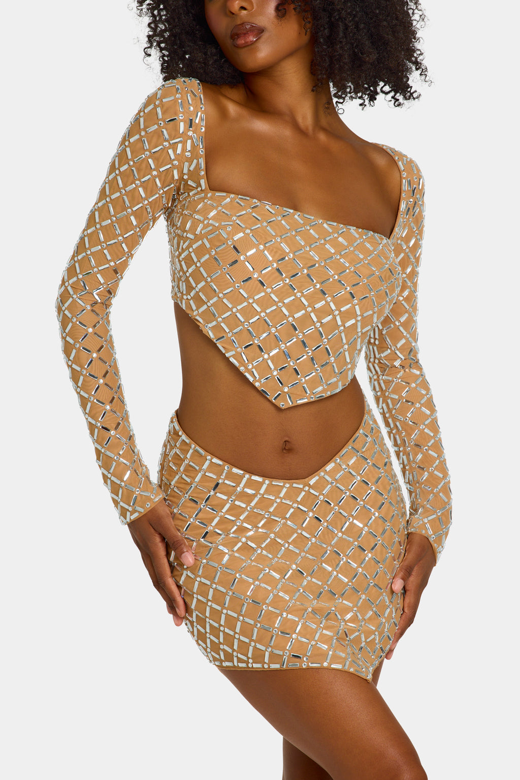 Embellished Asymmetric Mid-Rise Mini Skirt in Honey